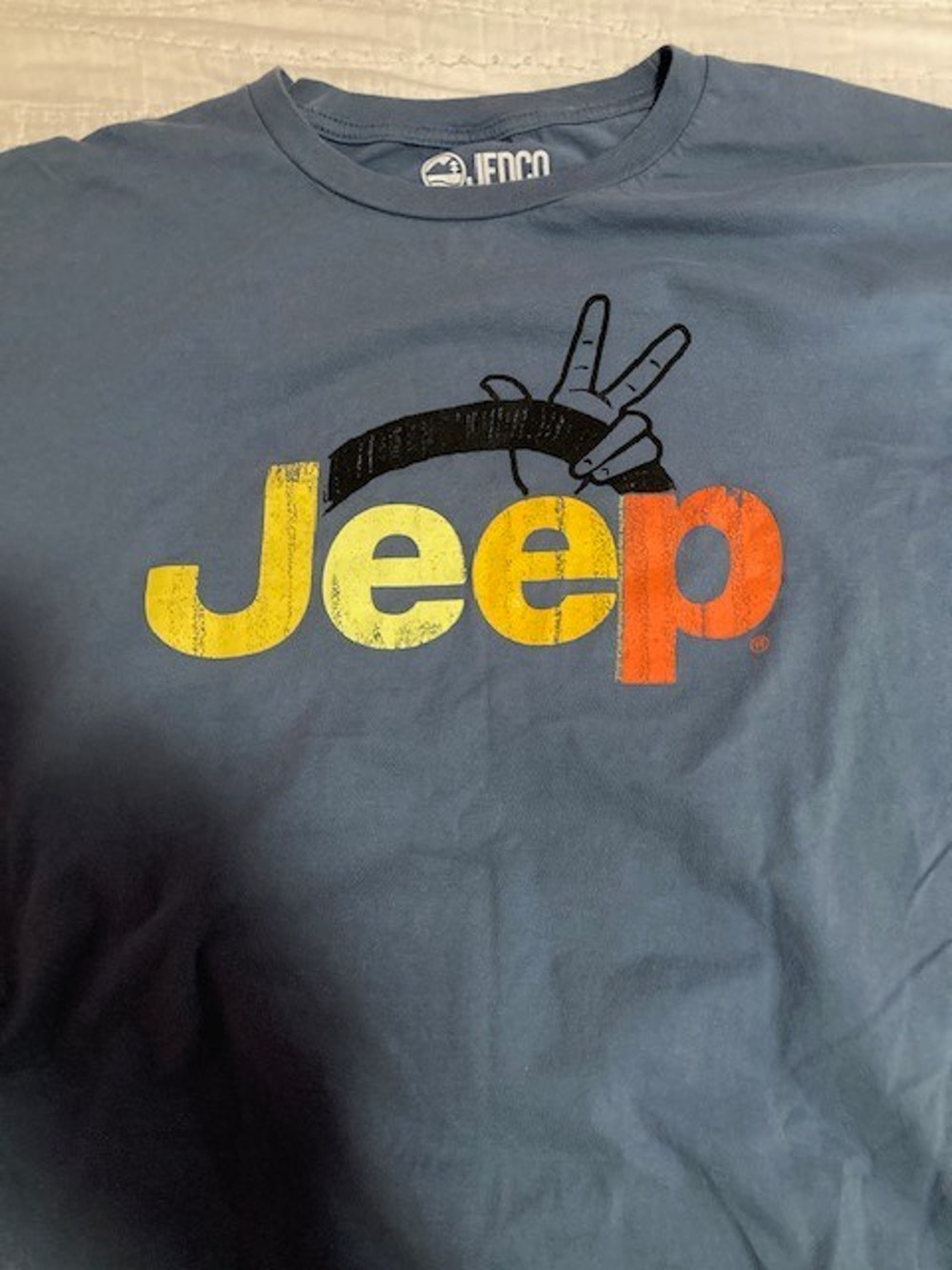 JEEP T-Shirt Men’s XL Blue Peace Sign Hand JEDCO Licensed 4x4 OffRoad Tee